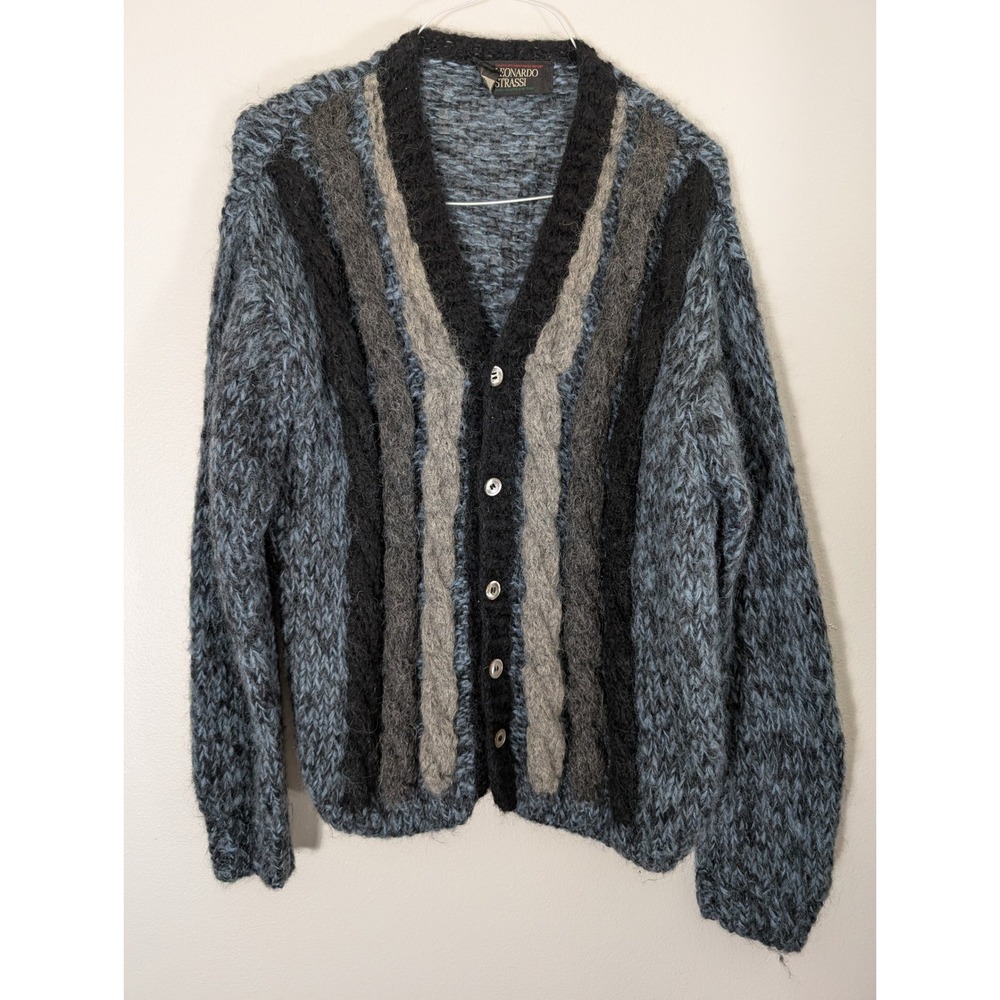 Leonardo Strassi Men's Small Wool Mohair Vintage Blue Grey Striped Cardigan